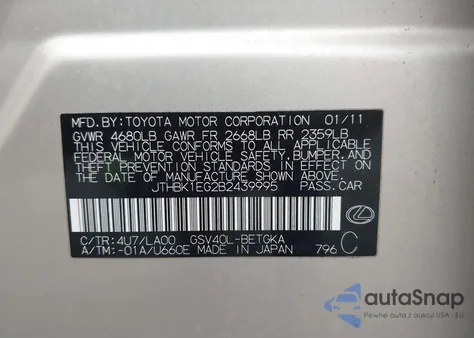 2011 Lexus Es 350 from USA, damaged, VIN JTHBK1EG2B2439995